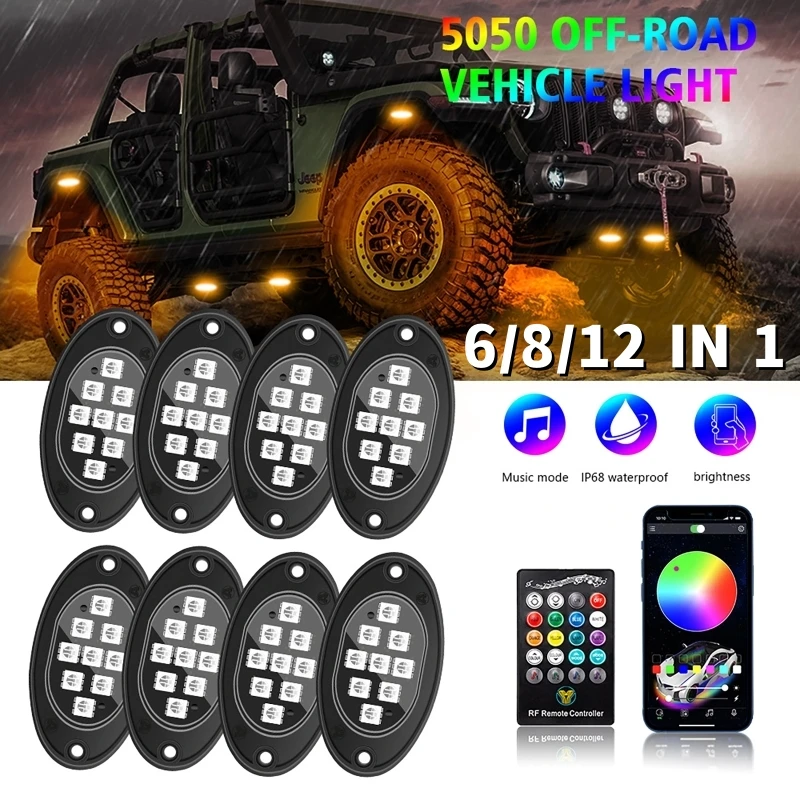 12V 9LED RGB LED Rock Lights Chassis Light APP + RF dual control Off-Road Vehicle Chassis Atmosphere Light with 6/8/12 Pod