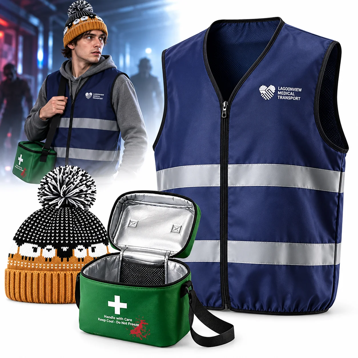 Resident Evil: nuevo disfraz de Bryan para cosplay, chaleco azul reflectante, gorro de lana con estampado de ovejas y bolsa verde para guardar artículos médicos.
