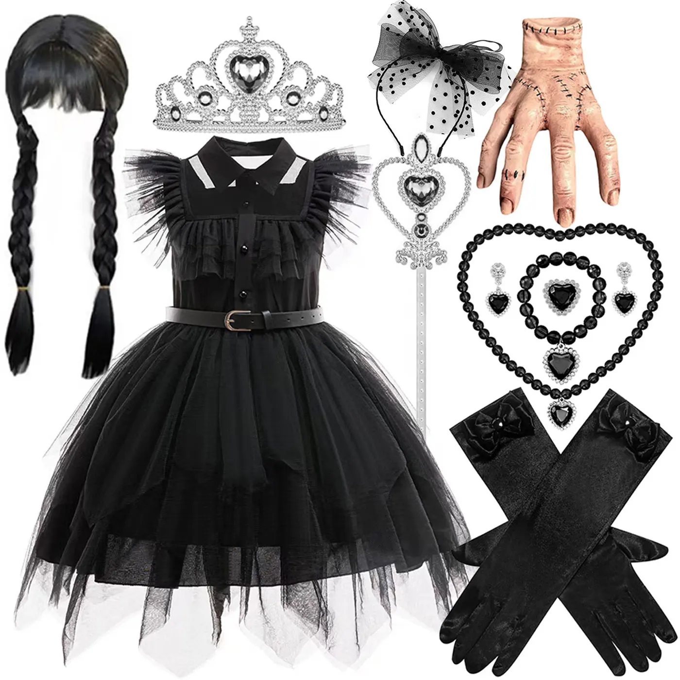 

New American TV Series Wen. Gothic Style Prom Black Sleeveless lace Dress For Girl Halloween Cosplay Adams Wen. Family Dress Set