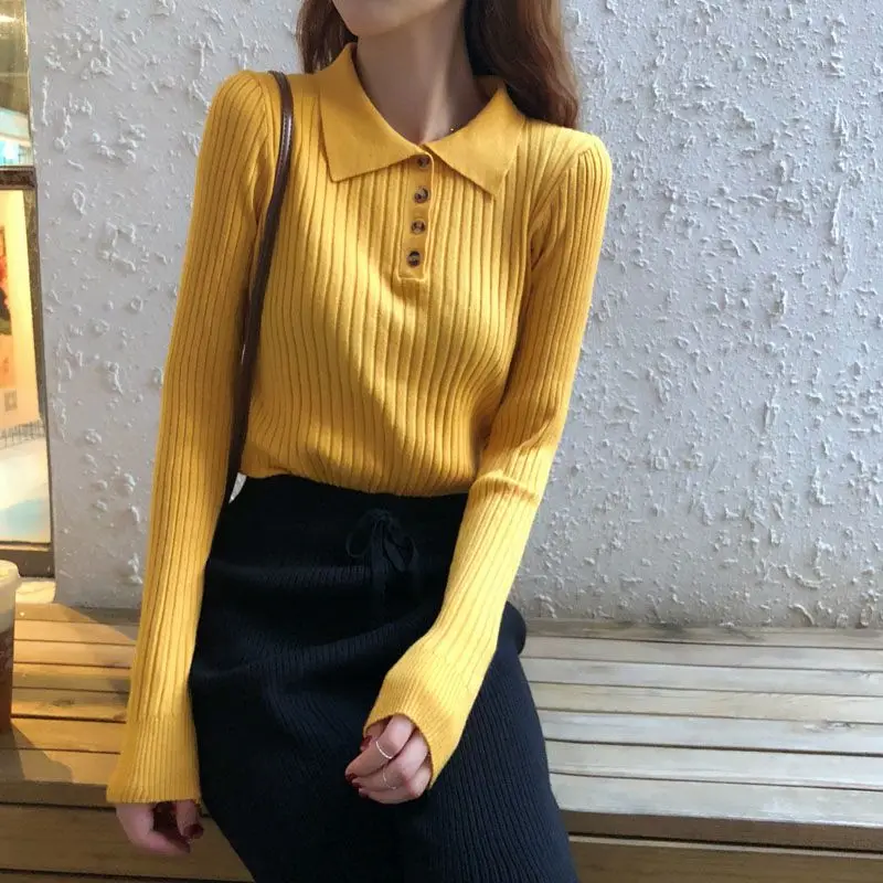 

Button Temperament Short Knitted Sweater Long Sleeved Women's Spring and Autumn New Inner Polo Collar Outer Sweater Top Gentle