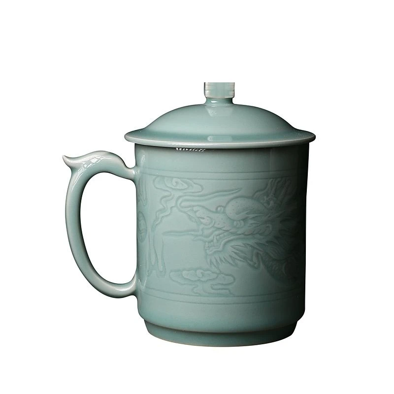 teacup office cup celadon teacup, dragon pattern porcelain water cup, tea single cup, cup with lid