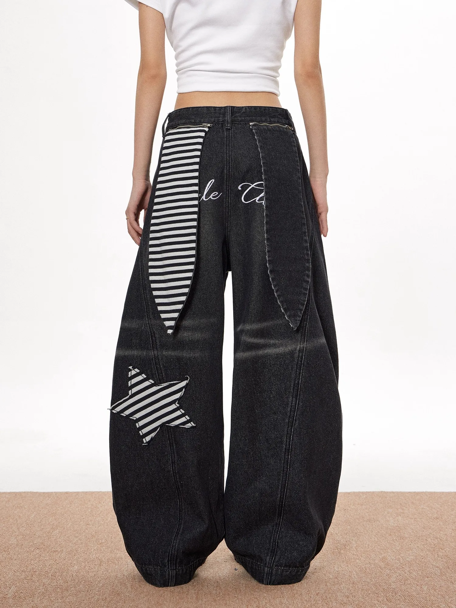 

Ретро Американская Звезда Вышивка Кроличьи Уши Нож Широкие Джинсы Женские Хип-Хоп Свободный Дизайн Повседневные Джинсовые Брюки