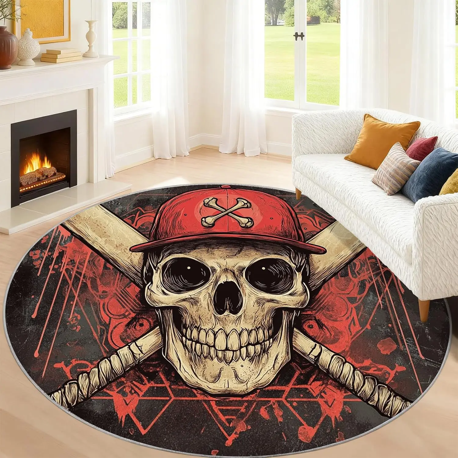 Round Skull Pirate Rug Carpet Polyester Throw Mat Home Decor Gothic Rock Grunge Design Floor Mat Area Rug for Bedroom Living Roo