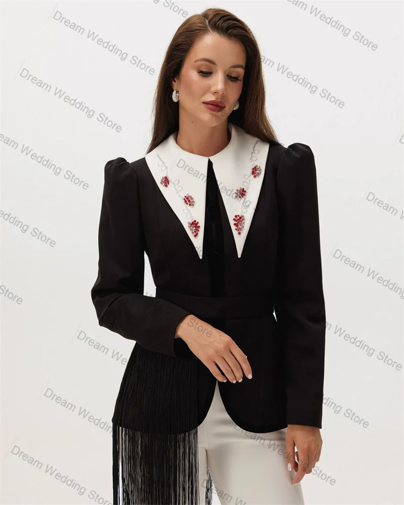 Conjunto de terno feminino com cristais e borla, 2 peças, blazer + calça, outono, preto, formal, escritório, jaqueta, personalizado, convidado, casamento, smoking, casaco