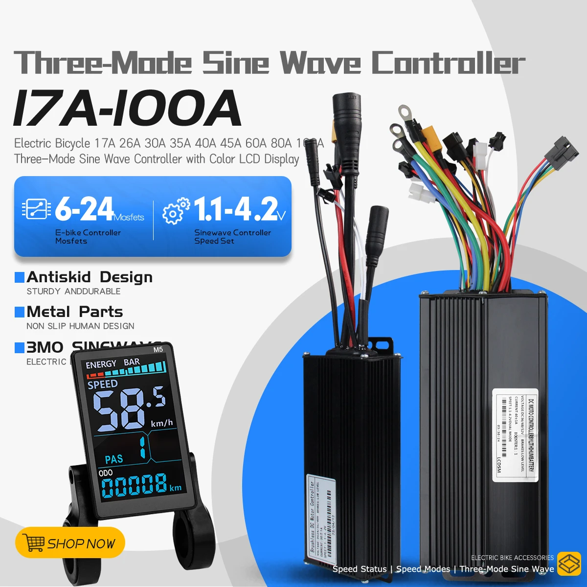 

Контроллер для электровелосипеда 3-режимный синусоидальный бесщеточный 26А 30А 40А 100А 250Вт-5000Вт с цветным ЖК-дисплеем M5 для электровелосипеда и электросамоката