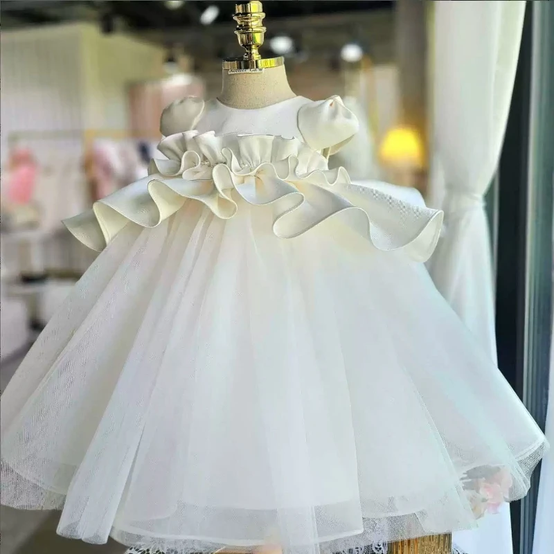 

2026 Kids White First Birthday Dress Clothes Flower Girl New Princess Gown Children Girls Host Tutu Pageant Party Formal Outfit