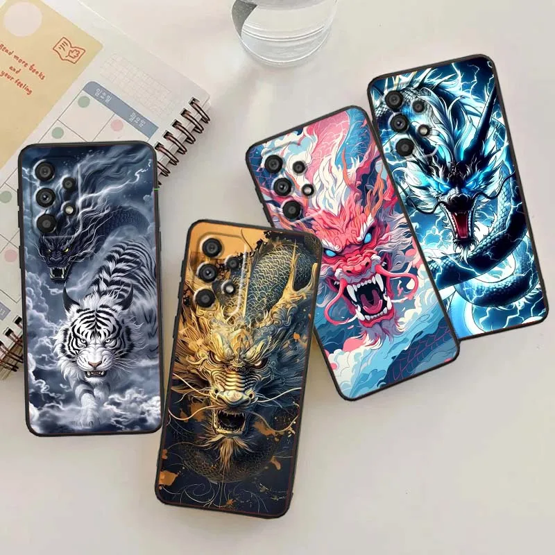 Funda de Teléfono Negra con Diseño de Dragón Anime para Samsung A73 A72 A71 A55 A54 A53 A52 A51 A13 A22 A16 A15 A12 A14 A26 A07 5G