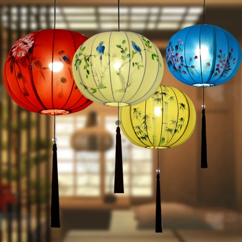 Chinese Creative Round Lantern Ancient Style Fabric Lamp Tea Room and Restaurant Decor Southeast Asia Inspired Design New