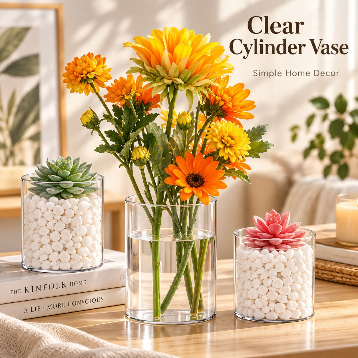 6/4/2 Pcs Plastic Cylinder Vase Acrylic Cylinder Vase Small Clear Flower Container Hurricane Candle Holder Round Wide Container