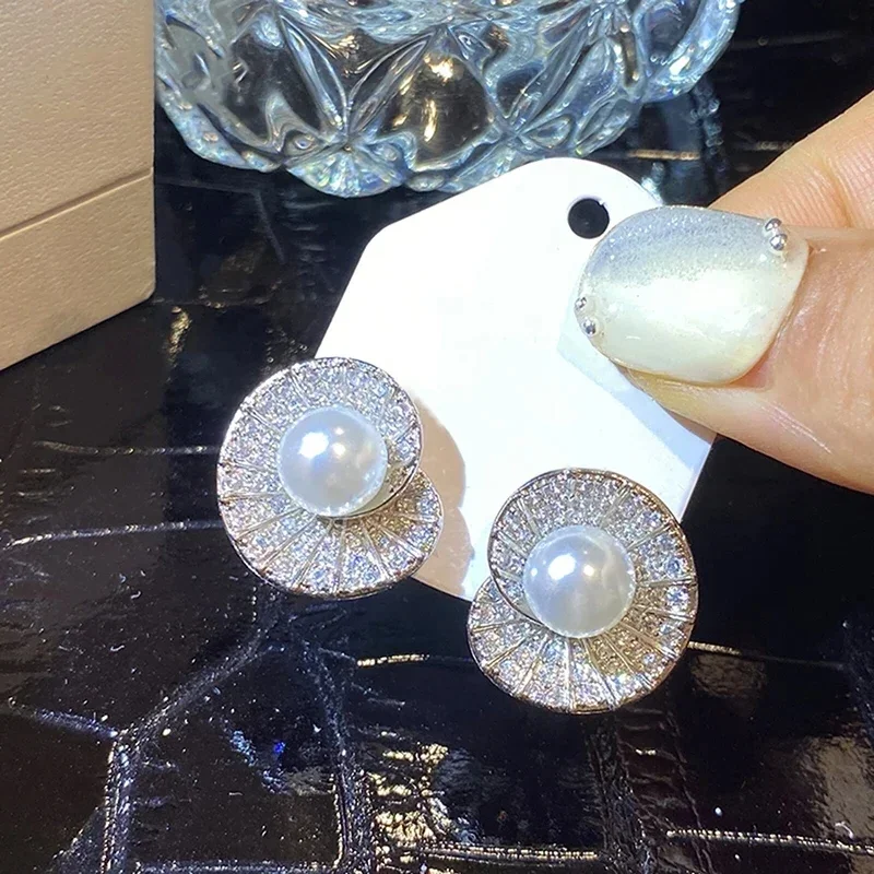 ต่างหูเม็ดกลมเซอร์โคเนียประกาย caoshi เครื่องประดับหมั้นหมายผู้หญิงมุกจำลองสง่างามอุปกรณ์เสริมในพิธีแต่งงาน