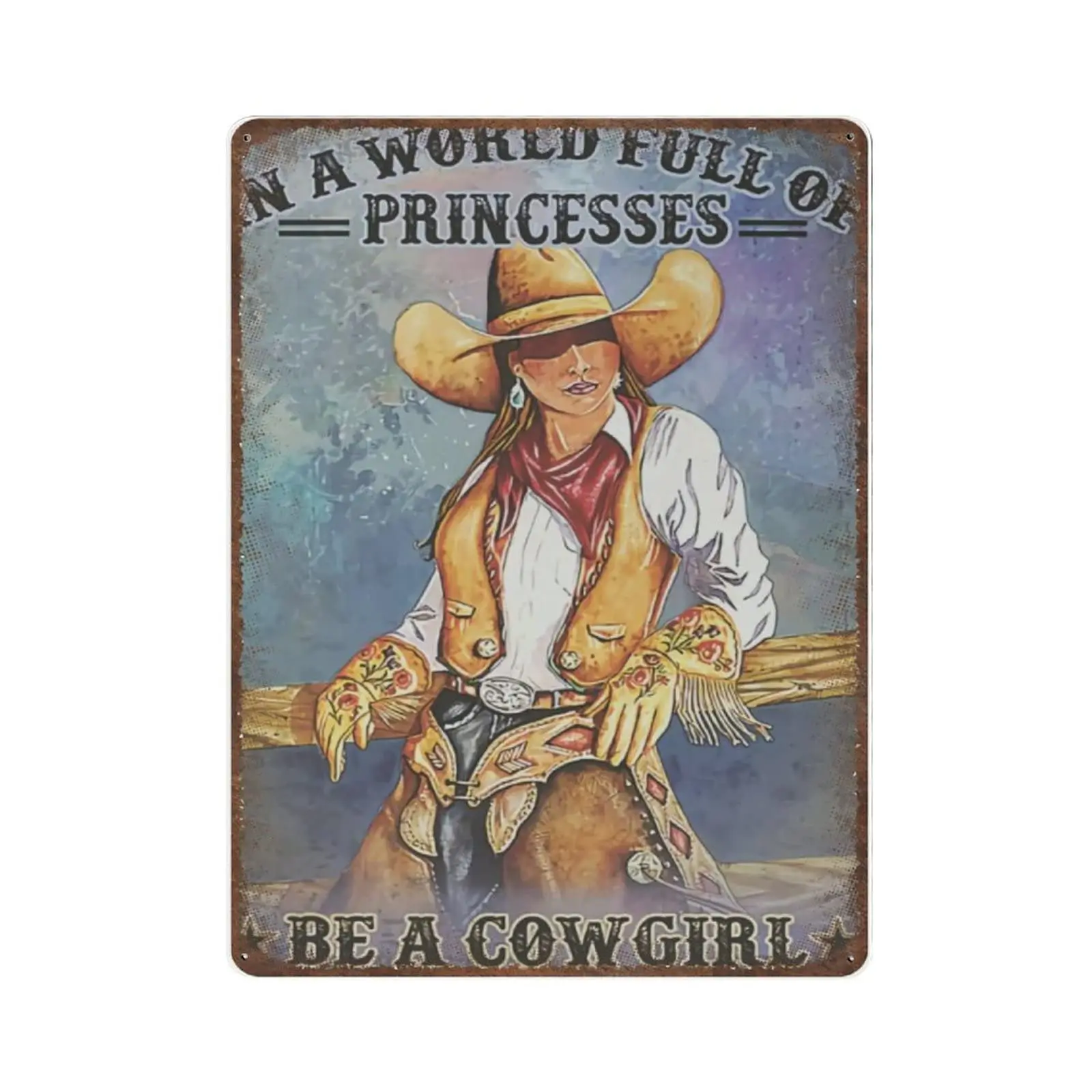 Vintage Metal Tin Sign Plaque,in A World Full of Princesses Be A Cowgirl BohoSign,Man cave Pub Club Cafe Home Decor Plate，Birthd