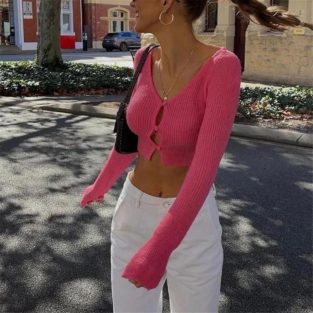 Korean fashion cropped sweater women long sleeve tops pink cute sexy knitted crop cardigan women kawaii mohair cardigans green