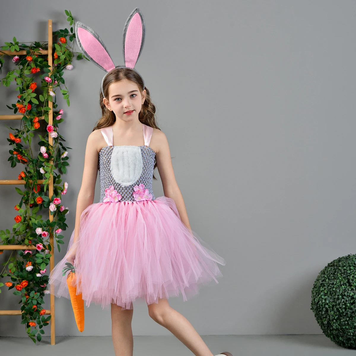 Sweet Bunny Costume For Kids Easter Babbit Tutu Dress with Ears and Carrot Girls Holiday Birthday Party Rabbit Cosplay Clothes