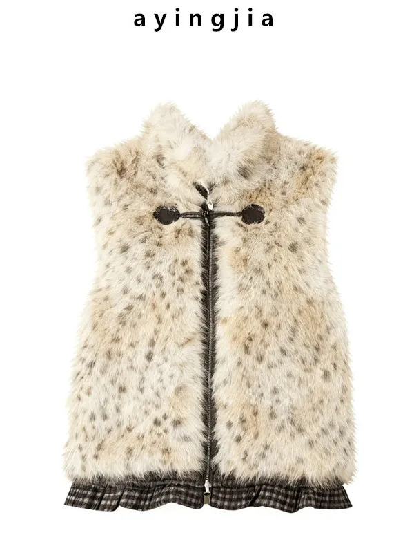 

Double-Sided Wear Eco-Friendly Fur Faionable Leopard Print Ruffle Warm Vest Top Outerwear Commute Sle Zipper Closure