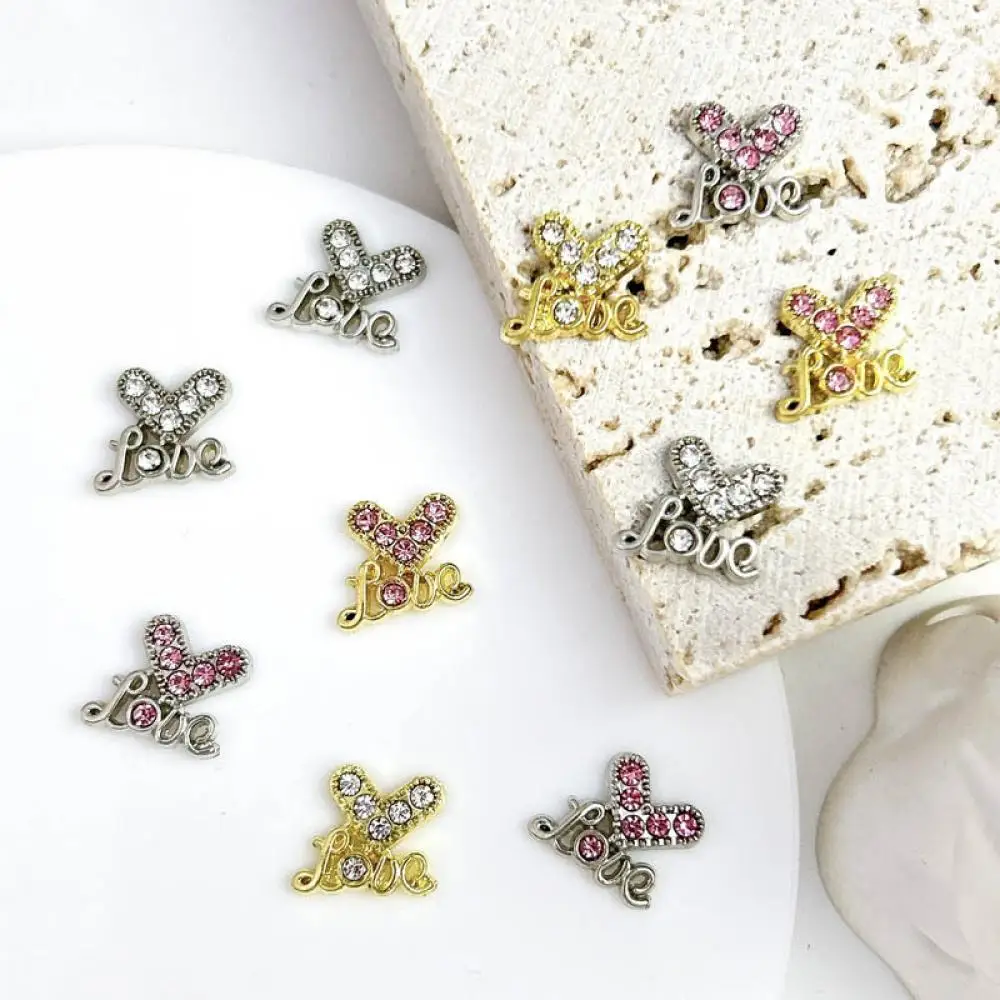 10Pcs Light Luxury Heart Letters Alloy Nail Art Decorations Mini Rhinestones Inlaid Gold Silver Mixed Shinny Nail Charms for DIY