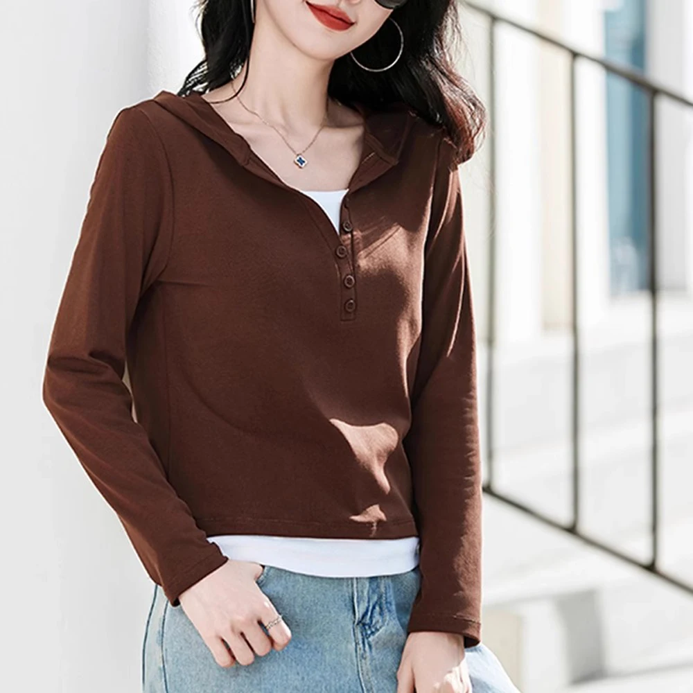 Korean version pure cotton hooded long sleeved T-shirt for women in spring and autumn, new fashionable fake two-piece loose top