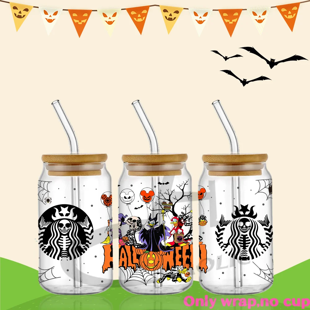 Cartoon Mouse Halloween Team Pumpkin Faces 16oz Libbey Glass Can Wrap Halloween Costume Trick or Treat Tumbler Wrap