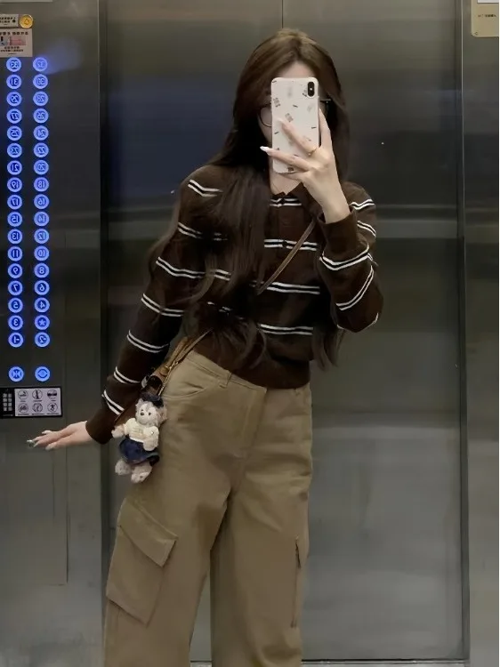 

Caramel Striped Ne Long Sve Knitted Top Women Early Autumn Small Size Base Layer ort irt Straight Tube pe