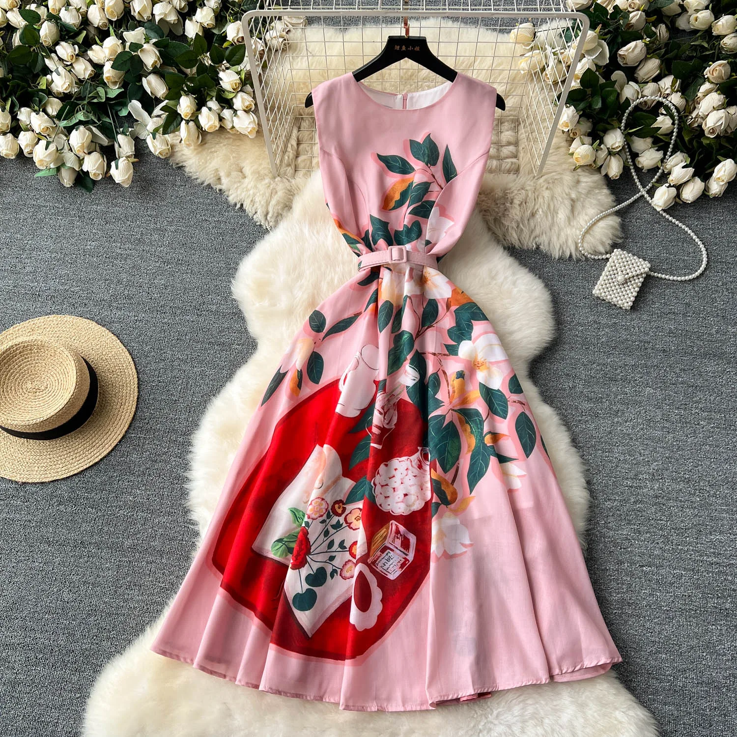

Elegant sleeveless print sashes Dress Vestidos Slim pleated Women summer sweet party Vintage basics Casual dresses