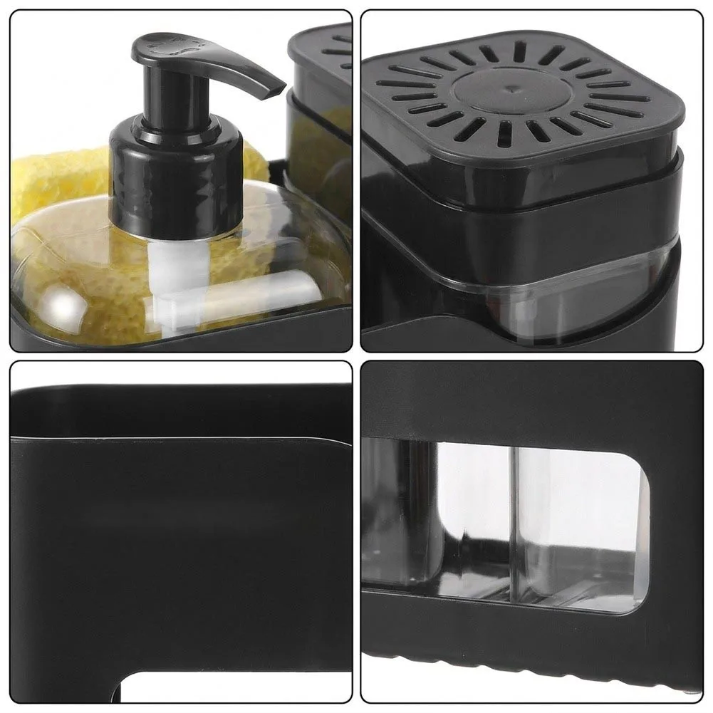 ABS Black 5-in-1 Sink Organizer Dual Soap Dispenser for Hand Soap Dish Soap Sponge Holder Dishcloth Rack Vent Design
