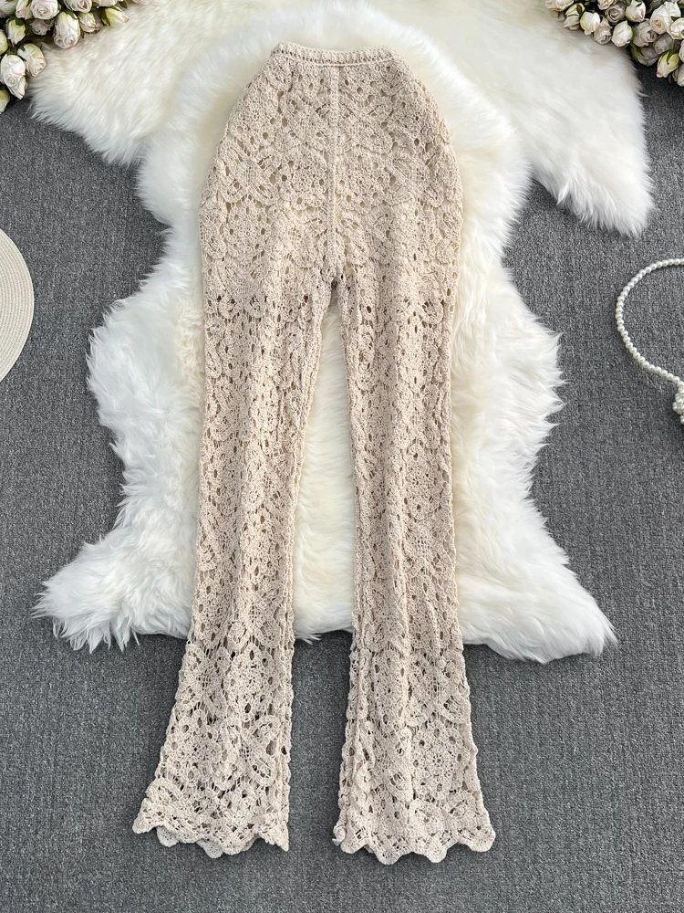 Pantaloni svasati scavati lavorati a maglia a vita alta Beach Vaion Pantaloni lunghi casual estivi coreani Sle Effetto dimagrante