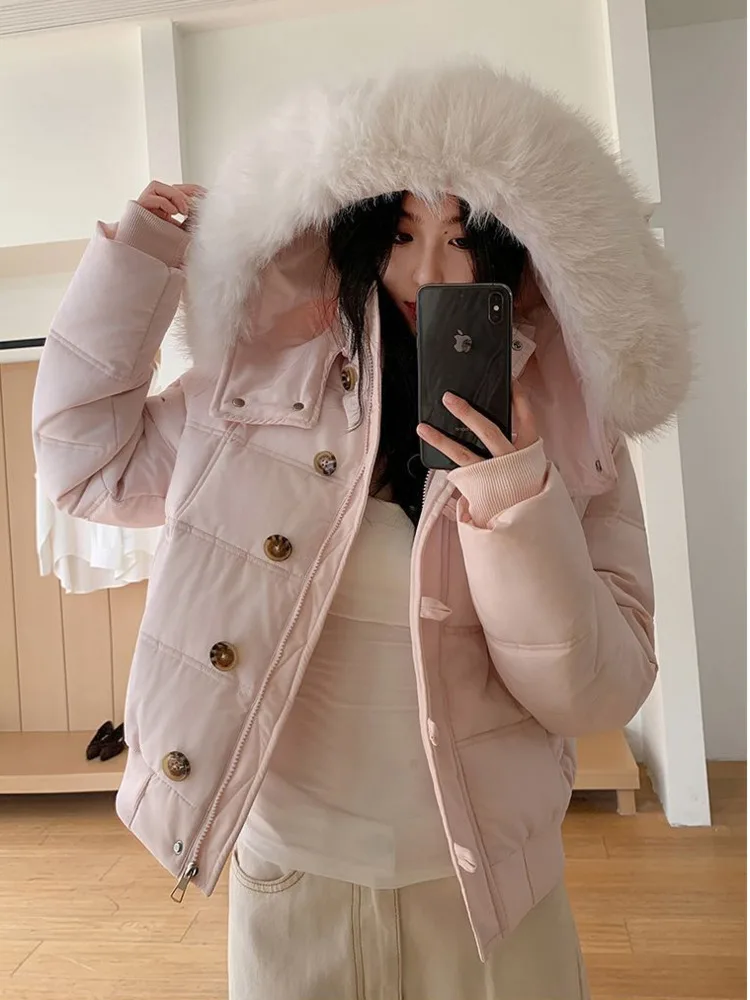 

Розовые милые женские пышные парки, зимние теплые повседневные милые хлопковые пальто в консервативном стиле, корейская модная куртка с капюшоном из искусственной лисы с длинными рукавами