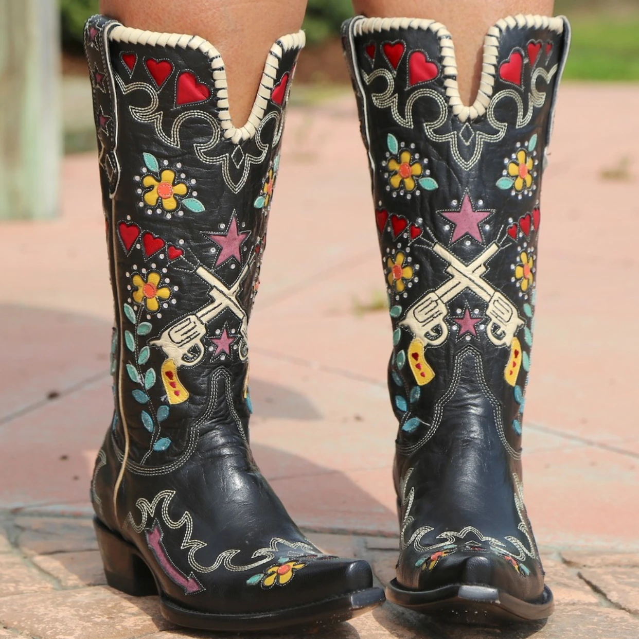 Botas de vaquero del oeste para mujer, cómodas botas informales de media pantorrilla con tacón grueso, adornos de flores informales para exteriores para todas las estaciones