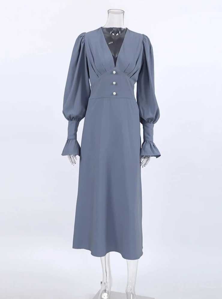 Sukienka damska na wiosnę i lato, zapinana na jeden guzik, satynowa długa sukienka na imprezę, seksowna sukienka midi z eleganckimi rękawami typu lampion.