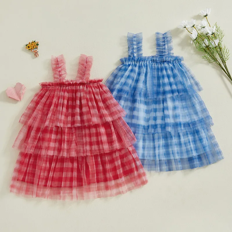 6 Months to 5 Years Kids Girl Slip Dress Summer Clothes Sleeveless Plaid A-line Tulle Princess Dress Baby Clothing