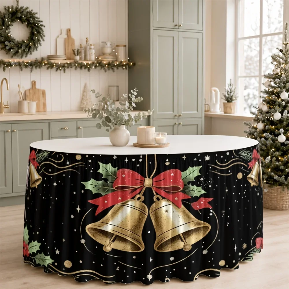 One table skirt, Christmas bells, stamen ribbons, golden bells, festive decoration table skirt, printed polyester