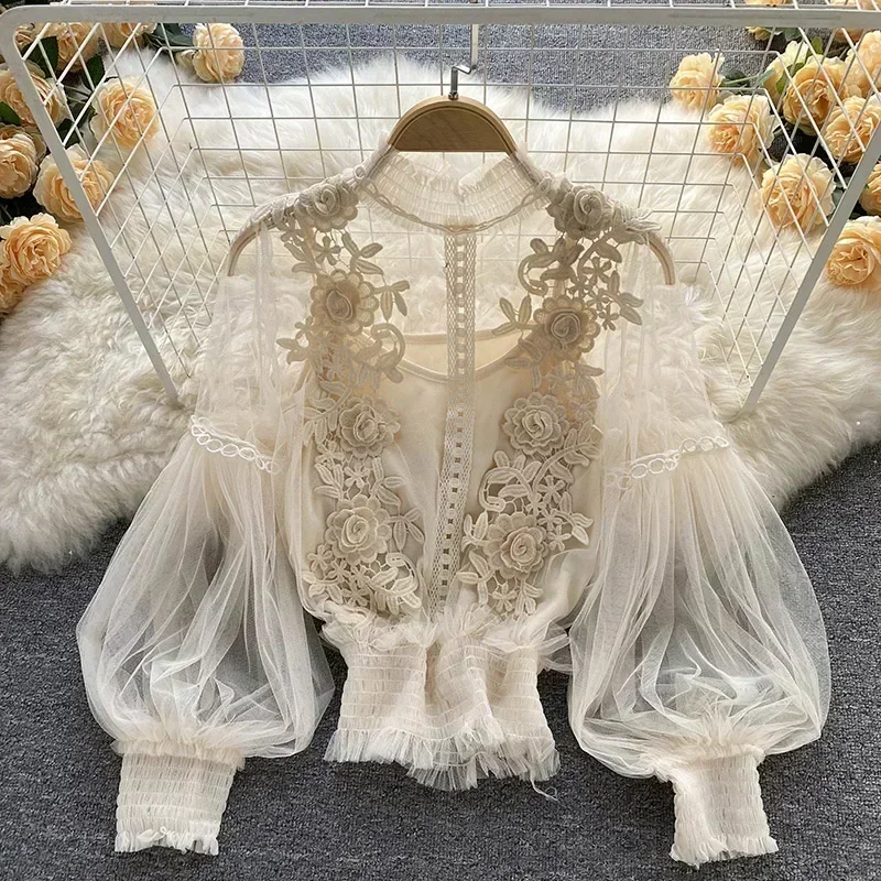 Lace Puff Long Sleeve Blouse Vintage Fashion Blouses Elegant Femme Blusas Korean Woman Tops Women Shirts Clothing Dropshipping