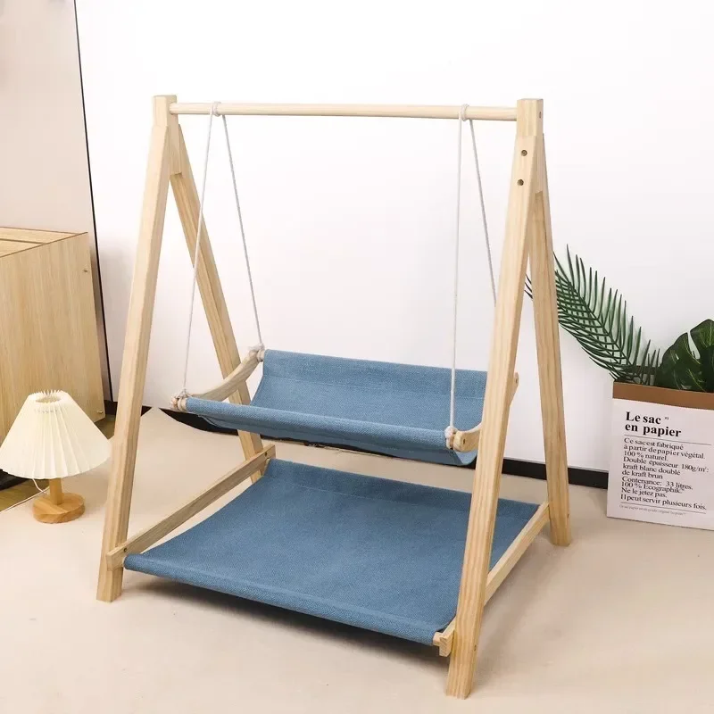 Dual-Layer Solid Wood Pet Hammock, Summer Breeze Cat Swing, Thickened Wood Nest, Comfortable and Stable Bed