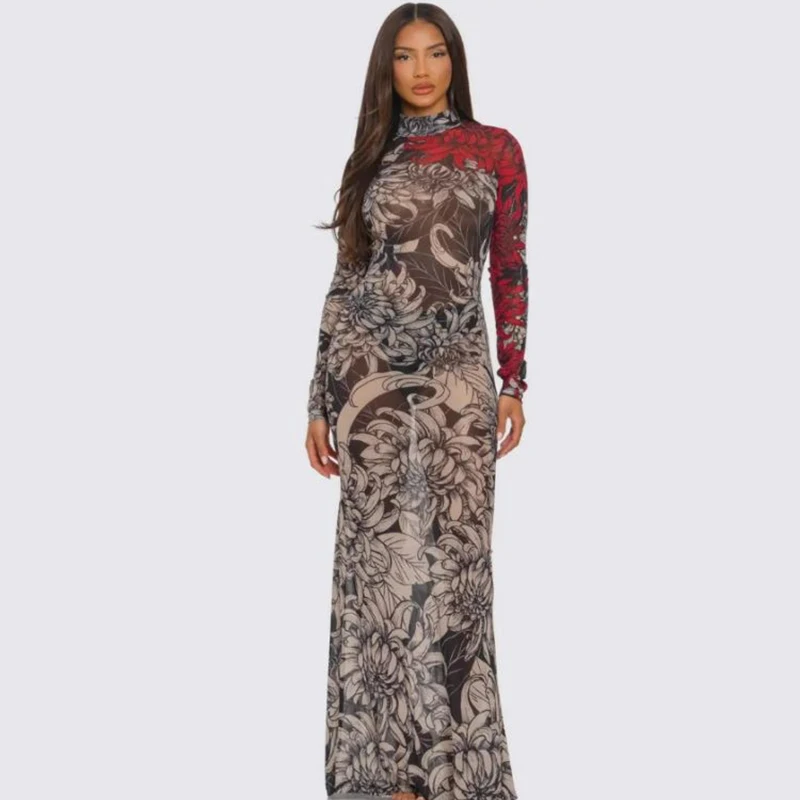 Downtown Gotico Y2K Abito Sheer Web Contorno Aderente Harajuku Stampa Dolcevita Abito Sensuale Avant Garde Party Abiti