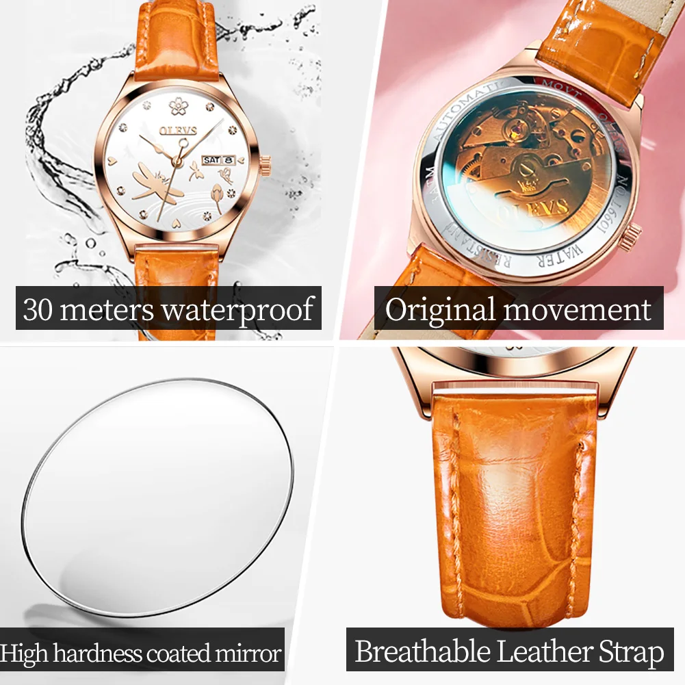 OLEVS Brand 2024 New Fashion Women Automatic Mechanical Watch Luxury Leather Strap Elegant Ladies Watch Waterproof Clock Reloj