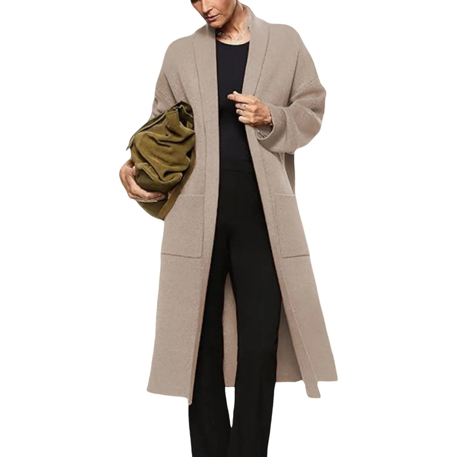 สตรีสีทึบลําลองแขนยาวฤดูใบไม้ร่วงและฤดูหนาวยาวเสื้อสเวตเตอร์ถัก Cross-Border หลวมเสื้อกันหนาวขนาดใหญ่