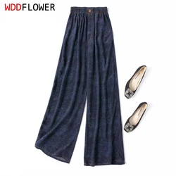 Women Pants 100% Mulberry Silk 16 momme Silk Loose Type Wide Leg Navy Jeans Printed Long Pants Trousers With Pockets L XL M1155