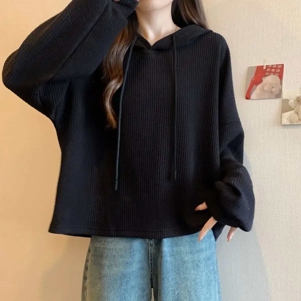 

Women's T-shirt plus Size Fashionable Korean Style Polyester Fiber Autumn New Arrival Loose Long Sleeve Texture Striped Hoodie