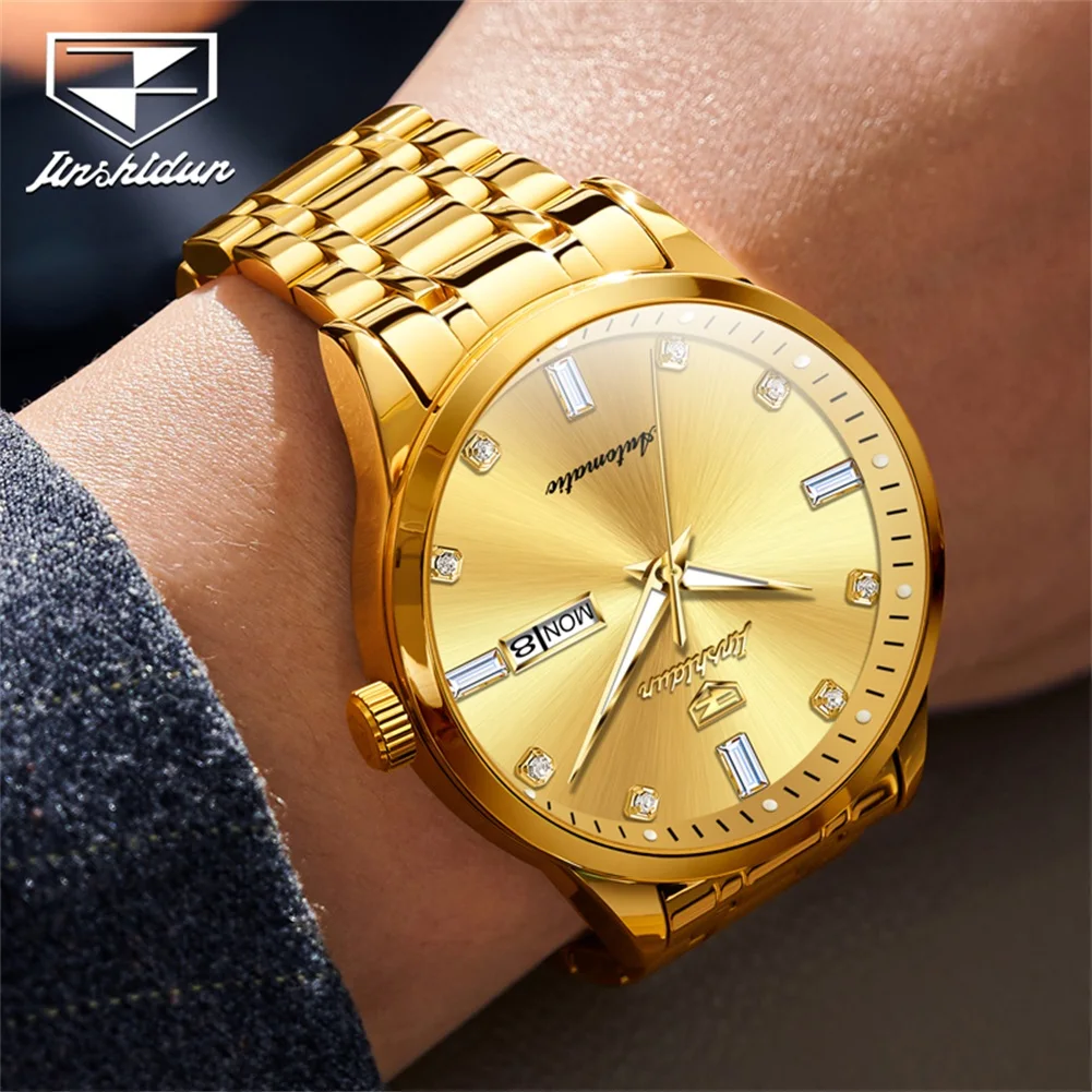 JSDUN 8841 Automatic Mechanical Watch for Men Gold Stainless Steel Luxury Waterproof Calendar Wristwatch Man Relojes Hombres