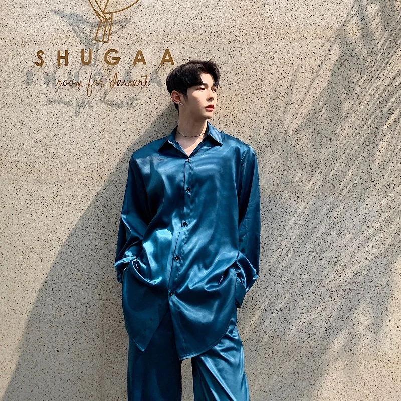 Royal Blue Satin Shirts For Mens Smooth Luxury Silk Shirts Pants 2 Pcs Sets Oversize Korean Fashion Party Dress Club Streetwear