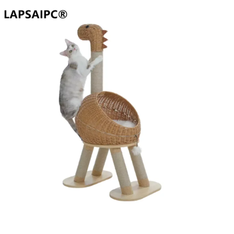 

Dinosaur Cat Tree Tower with Sisal Scratching Post Large Rattan Cat Condo for Indoor Wicker Cat Bed with Removable Mat Cat Toys