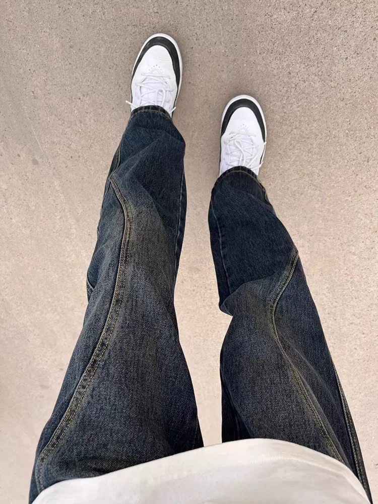 

American Retro Patchwork Jeans High Street Vibe Trendy Straight Leg Men's Micro Flared Casual Jeans Youth ular Nine Points