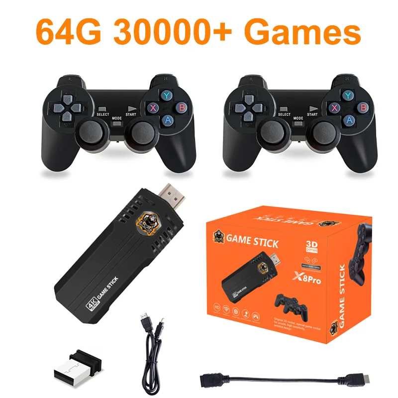 

Game Stick 4K Video Game Console 2.4G Double Wireless Controller 30000 Games 64GB Retro Games for TV Boy Christmas Gift