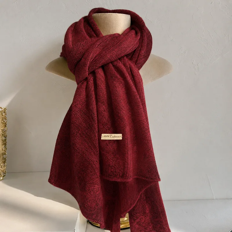 French Vintage Printed Cashmere Scarf Women's Fall Winter Knit Shawl Wrap Soft Skin-Friendly Outer Layer