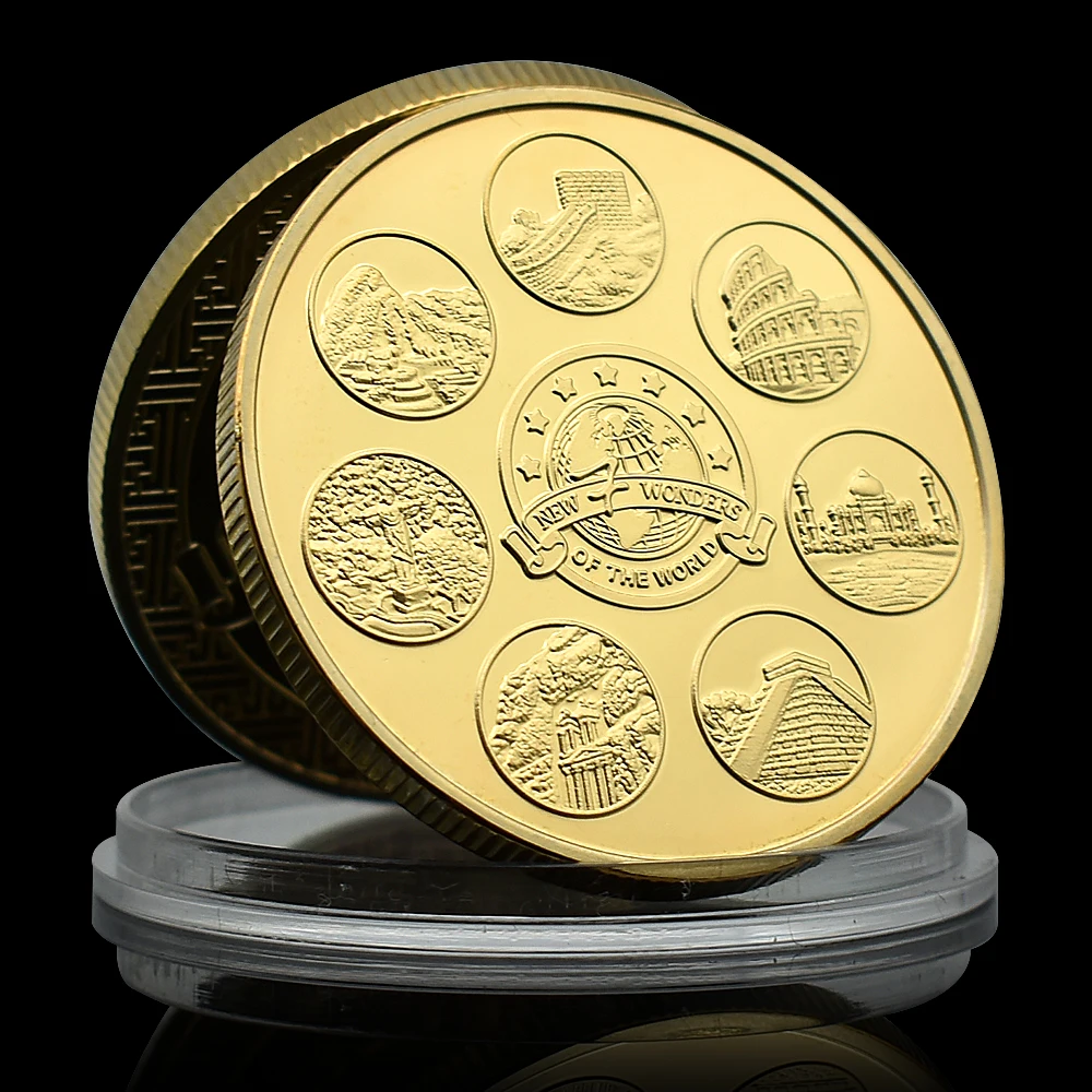 New Seven Wonders of The World Gold Plated Coin Collectibles The Great Wall Petra Cristo Redentor Machu Picchu Taj Mahal Medal