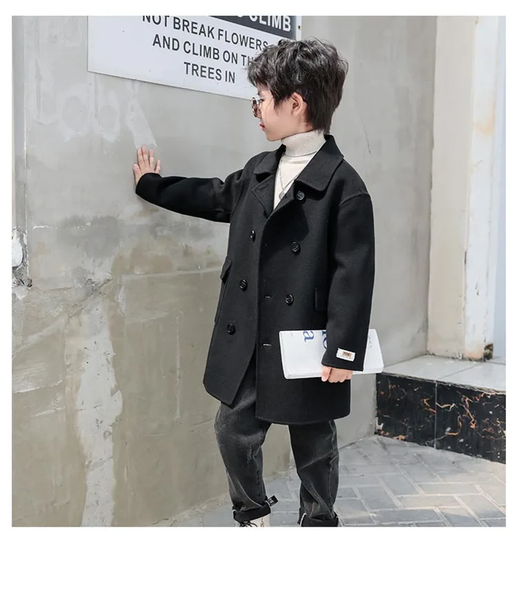 Children's Double-faced Cashmere Coat Autumn Winter Black English Style Wool Elegant Coat for Boys Comfortable Warm Breathable