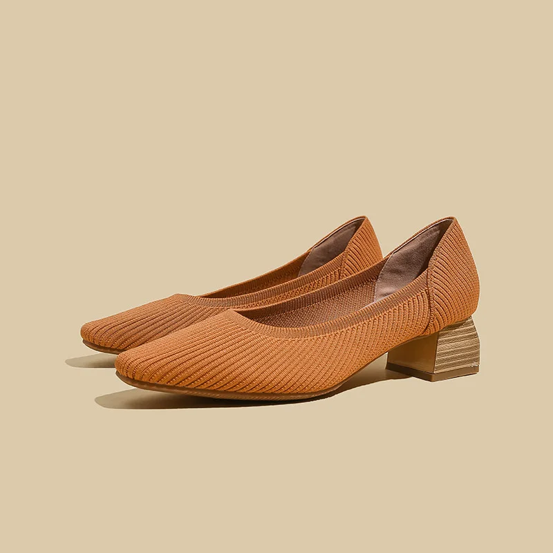 Women shoes Fashion High Heels Elastic Knitted Breathable Square Toe Latex Sweat-absorbing insole Non slip Rubber Sole New 2023