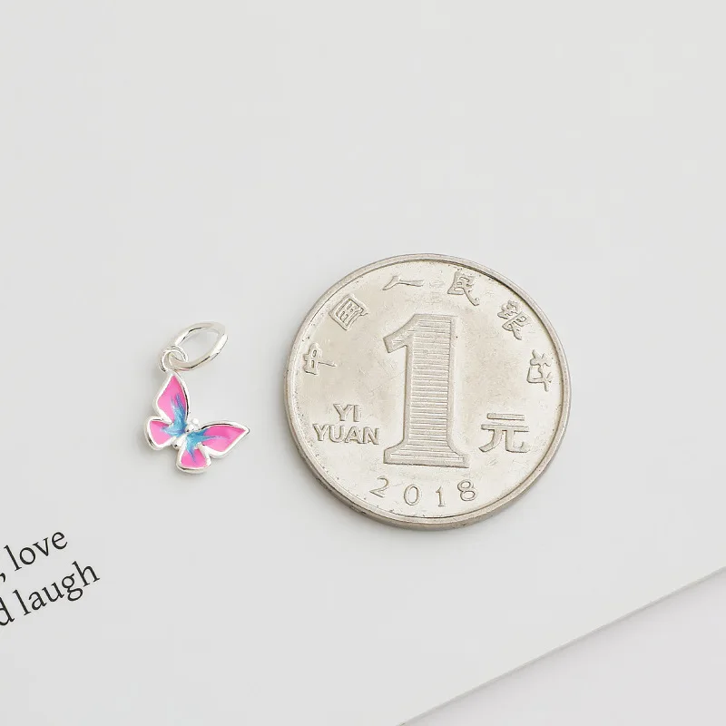 1pc 925 Sterling Silver Colorful Painting Butterfly Charms 10.5x8mm Pink/Blue/Yellow Jewelry Silver Pendants DIY Jewelry Making
