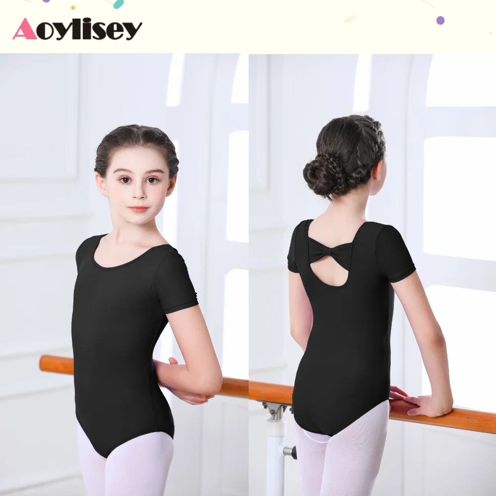 리본이 달린 어린이 발레 댄스 레오타드 유아용 반팔 체조 훈련 바디수트 새로운 스타일 댄스 의상