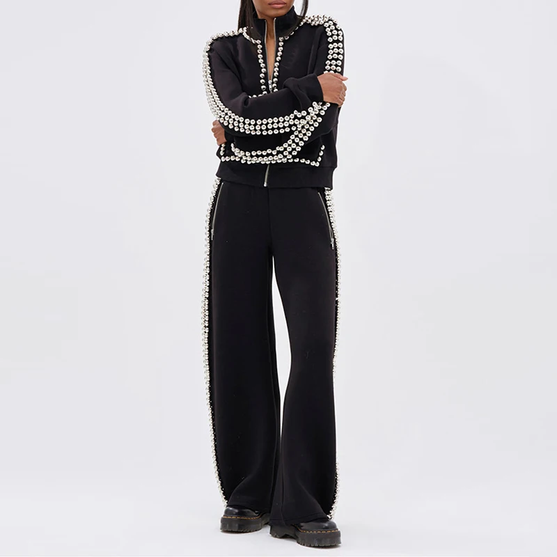 Elegant Casual Matching Tracksuit Suits Women Fashion 2 Piece Outfit Sexy Gold Beaded Trim Zip Up Jacket and Wide Leg Pants Sets
