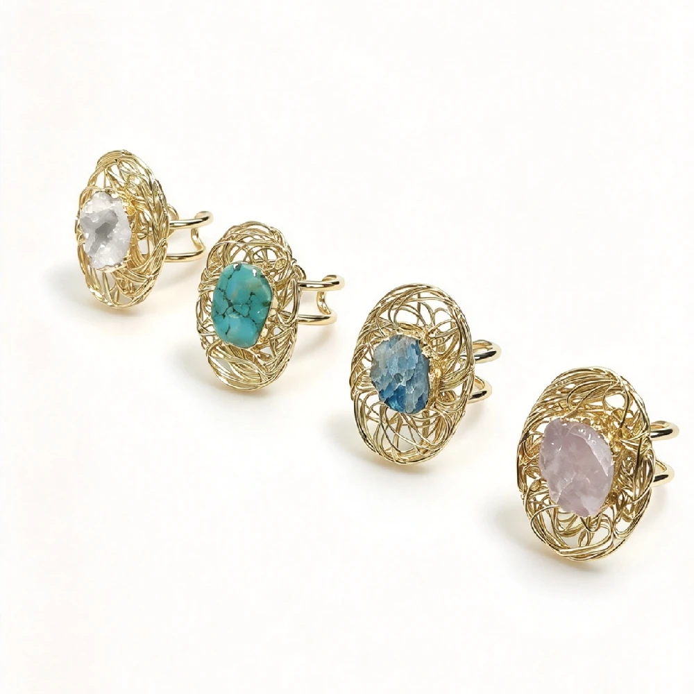 1PC Open Back Wire Weaving Raw Natural Rock Ring Bohemian Unpolished Crystal Women Cocktail Finger Jewelry Golden Plated R2G544
